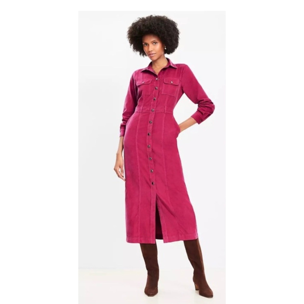 Loft Pink Corduroy Midi Shirt Dress Women's 4 Long Sleeve Luxury Bright Preppy